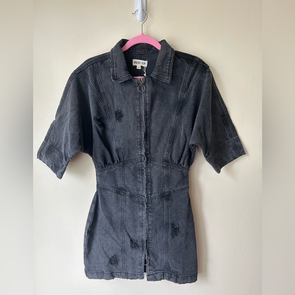 Distressed Denim Zip-Up Mini Dress - Picture 4 of 7